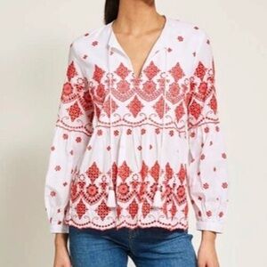 Mint Velvet Women’s 100% Cotton White Red Eyelet Embroidered Peasant Top
